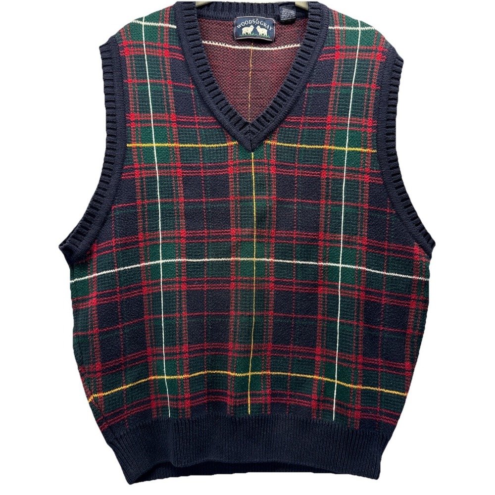 Woods & Gray Men's Knit Vest Sz Large Blue Green Red Sleeves V Neck 100% Cotton